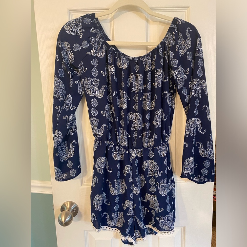 Jesse & J | Navy Elephant Print Romper, Size S